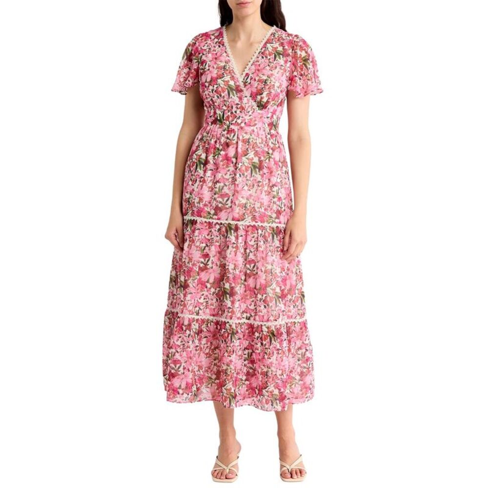 Anne Klein Womens Floral Flutter Sleeve Tiered Maxi Dress 12 Rose Multi NWT $159